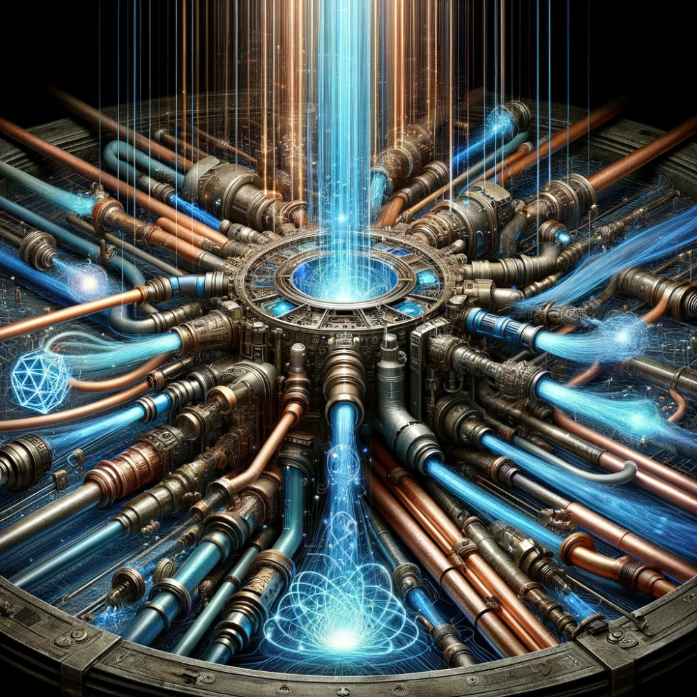 DALL·E generated image_An-intricate-depiction-of-multiple-sources-flowing-through-plumbing-into-a-single-output.-The-image-illustrates-various-old-fashioned-copper-and-iron